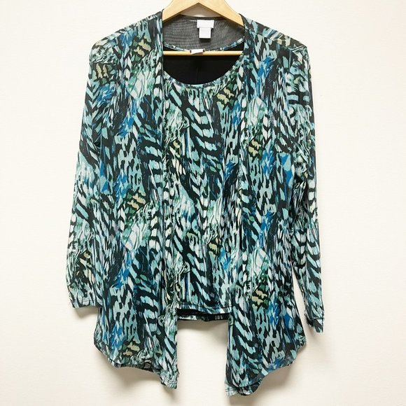 CHICOS Two Piece Feather Print Mesh Tank and Cardigan Set Size M - Picture 1 of 8